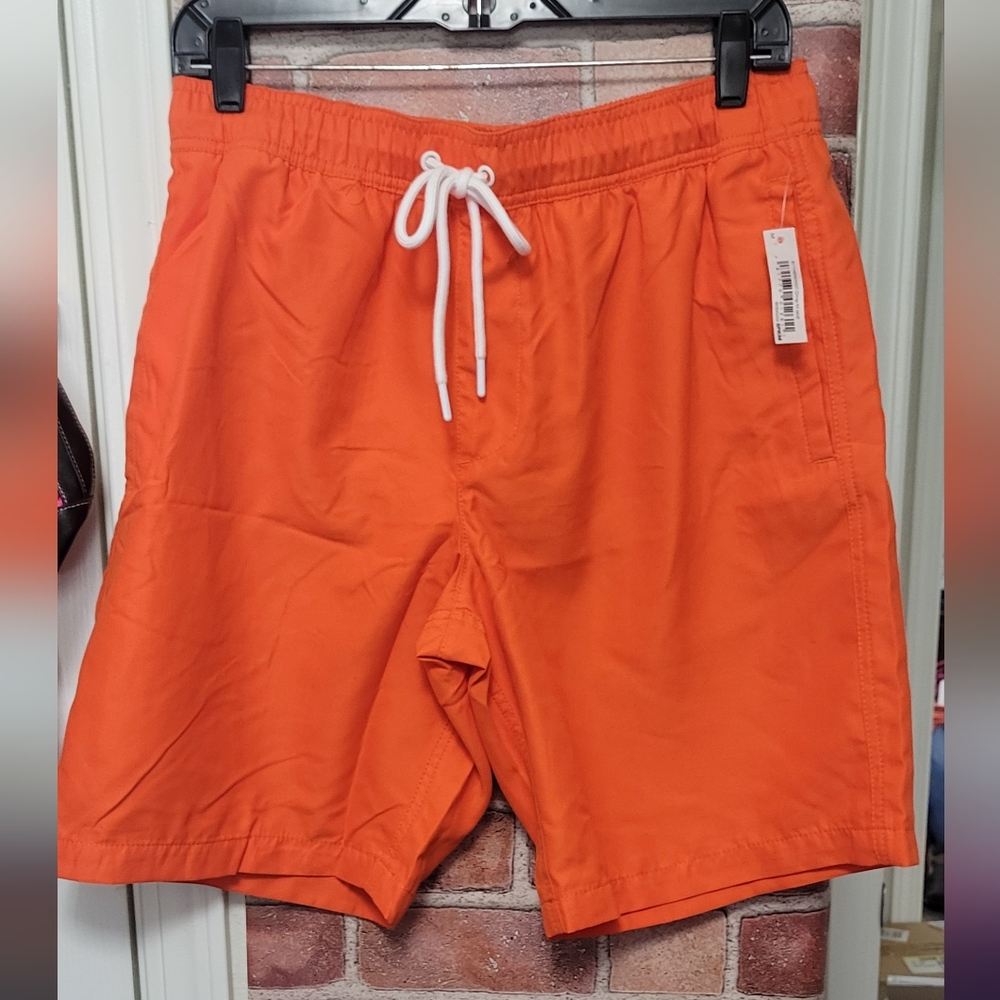 Men's amazon essentials size medium orange swim trunks with pockets new